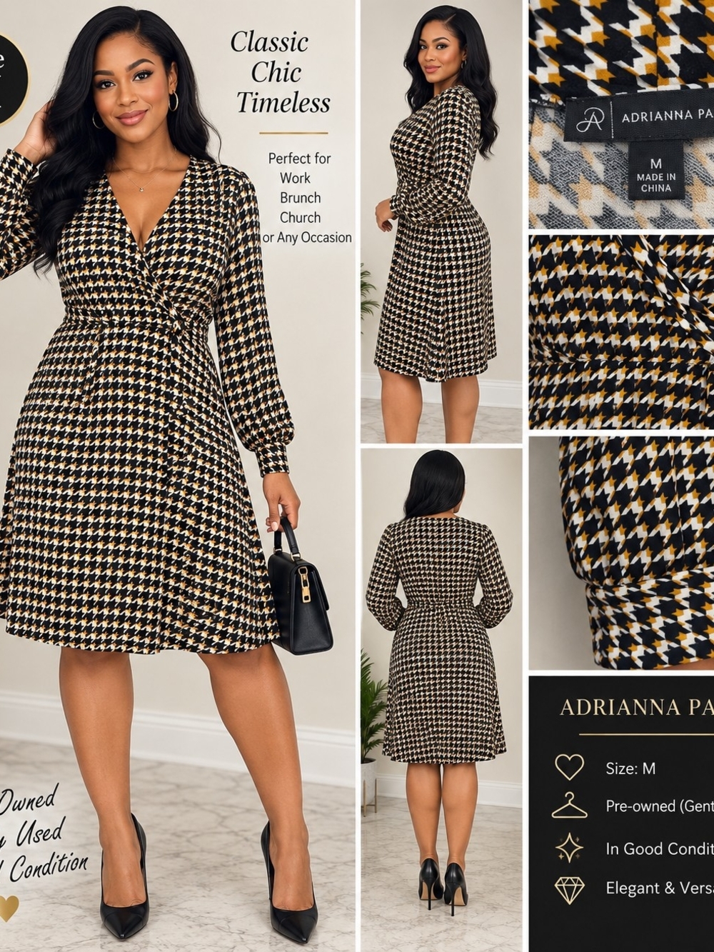 Adrianna Papell Black and Cream Houndstooth Wrap Dress